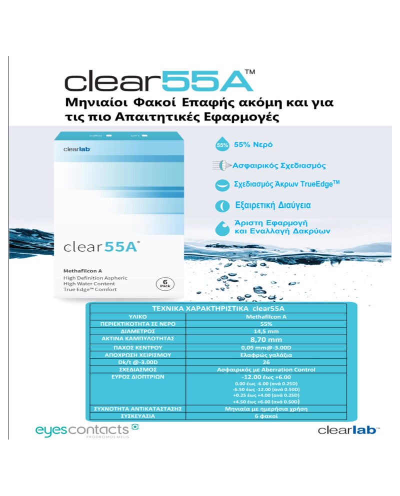 6 Μαλακοί Φακοί με 45% Methafilcon A - φίλτρο UVA- UVB και 55% H2O.